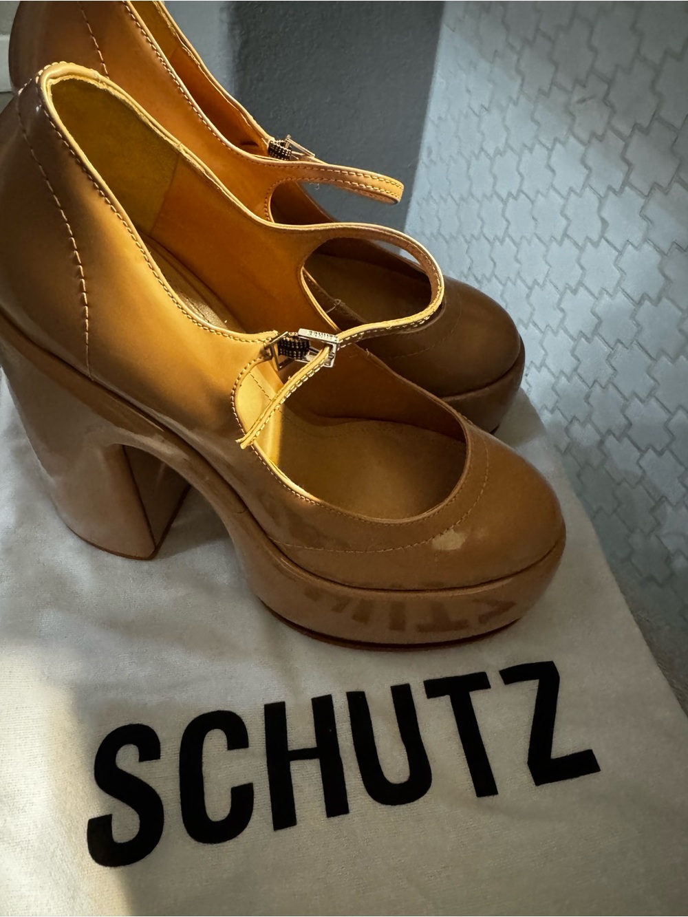 SCHUTZ Patent Platform Mary Jane Heels in Tan
